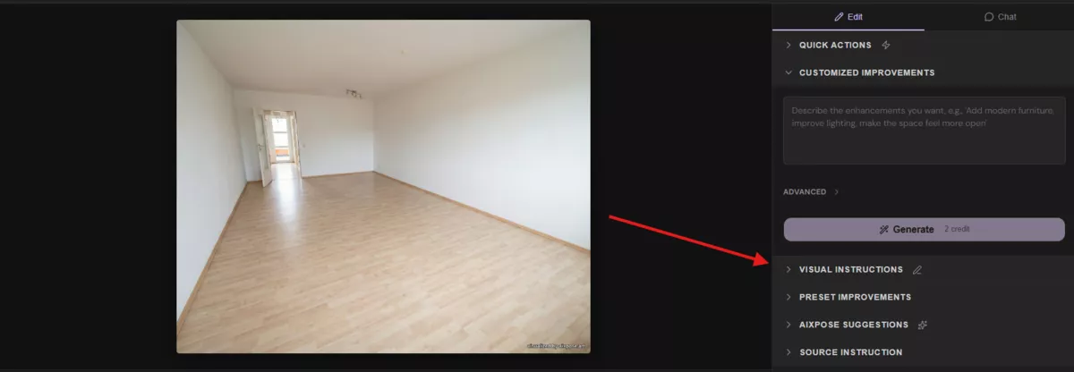 Editor: Bereich „Visuelle Anweisungen" auswählen